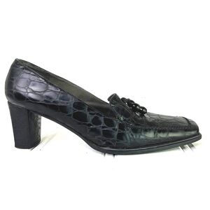 Stuart Weitzman  black leather block heels square toe vintage animal prints 8.5